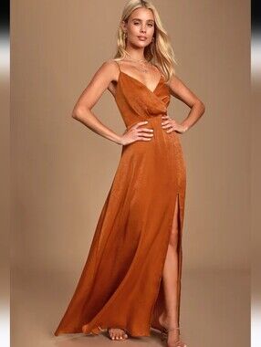 Lulus Constantine Rust Orange Satin Maxi Dress Size XSmall